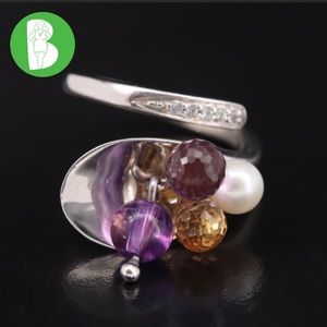 FINE STERLING SILVER 925 CITRINE, AMETHYST, AND PEARL BEADED GEMSTONE RING (7)